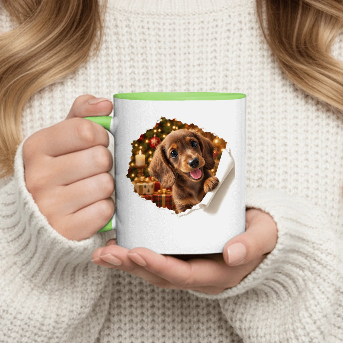 Personalized Mug - Christmas Photorealistic Pet Peeking Through Torn Paper with Tartan Gifts