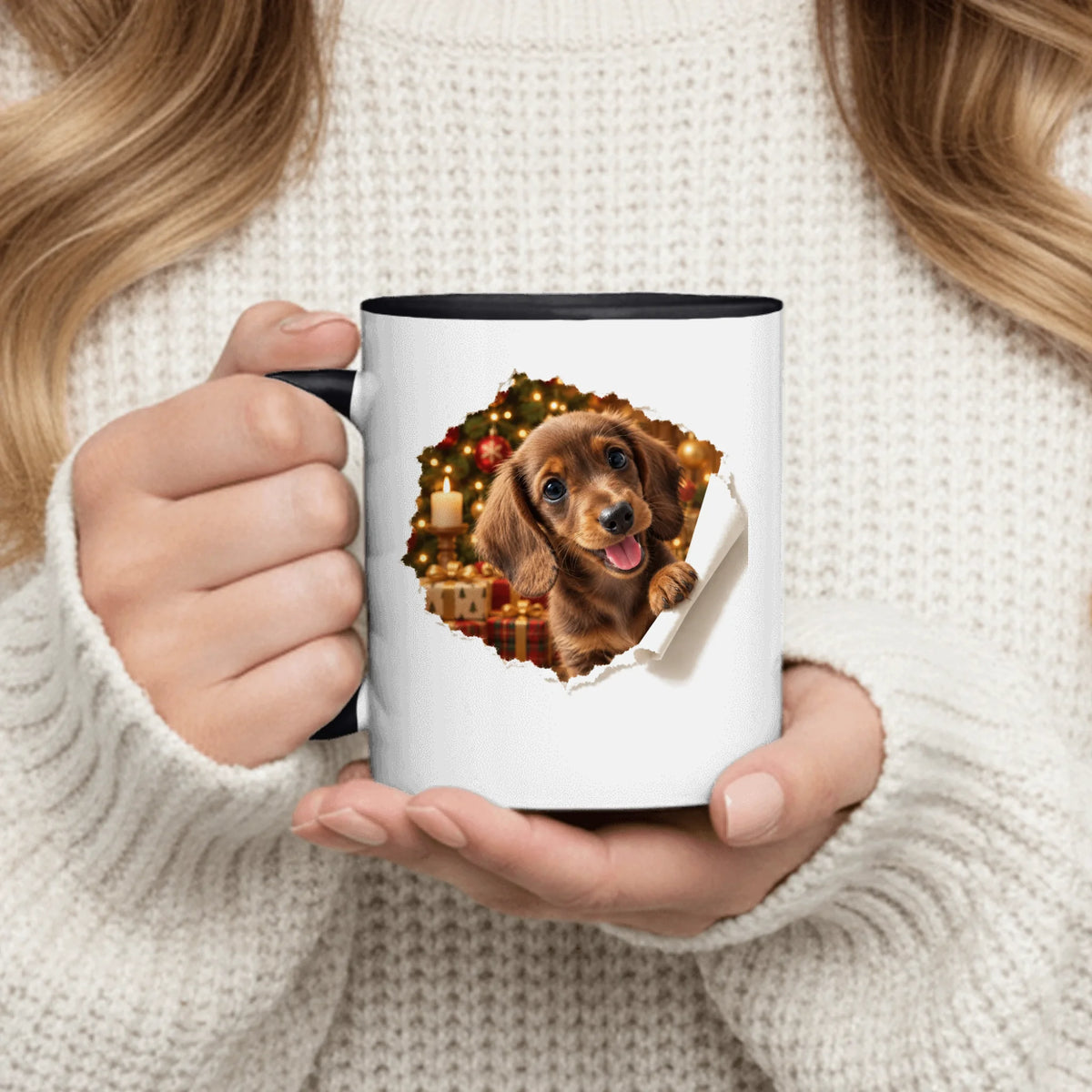 Personalized Mug - Christmas Photorealistic Pet Peeking Through Torn Paper with Tartan Gifts